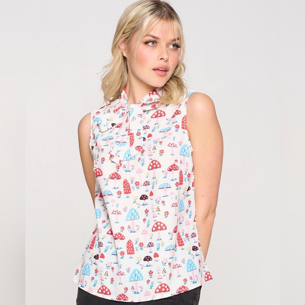 Cute mushroom print tie top blouse XL